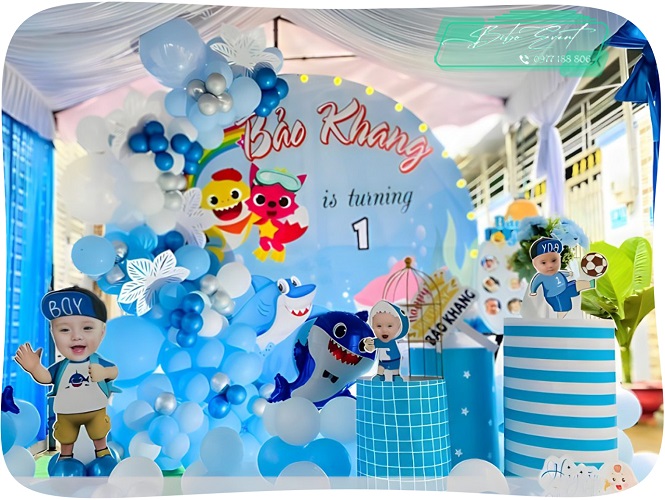 backdrop trang trí sinh nhật bé trai chủ đề baby shark và coco melon