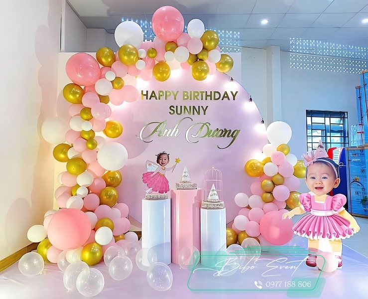 backdrop trang trí bong bóng sinh nhật bé gái chủ đề công chúa