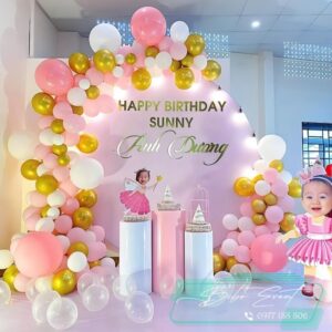 backdrop trang trí bong bóng sinh nhật bé gái chủ đề công chúa