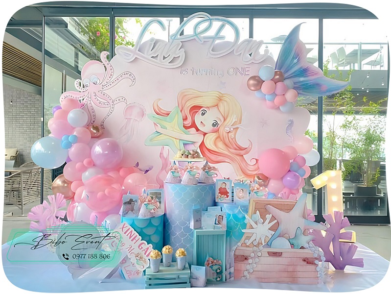 backdrop trang trí sinh nhật bé gái theo chủ đề nàng tiên cá